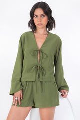 Blusa de manga larga amplia con lazado