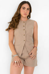 Chaleco ajustado de cuello redondo botones contraste