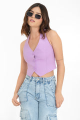 Chaleco corto halter cuello v con botones