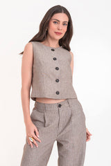 Chaleco corto recto de rayas botón contraste