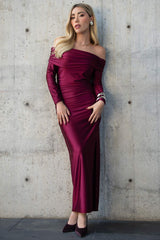 Maxi vestido hombros descubiertos plisados