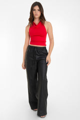 Pantalón de efecto piel fit recto con jareta