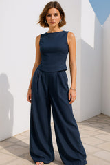 Pantalón de lino fit palazzo de cintura elástica