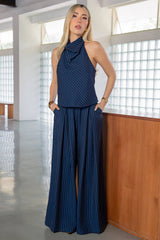 Pantalón de lino fit palazzo estampado rayas