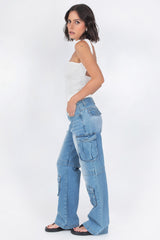 Pantalón multipocket cargo de denim cintura alta