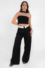 Pantalón wide leg con pinzas pretina contraste