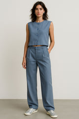 Pantalón wide leg de pinzas frontales cintura alta