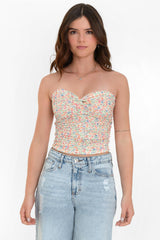 Top strapless floral escote corazón con nudo
