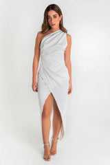 Vestido maxi satinado cruzado de un hombro