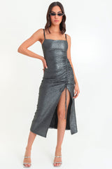 Vestido midi metálico plisado frontal con jareta