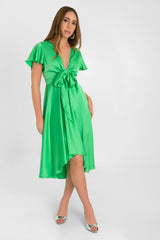 Vestido midi satinado manga olanes escote v