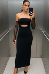 Vestido strapless ajustado cut out mangas mesh