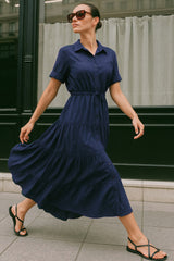 Maxi vestido camisero manga corta con olanes