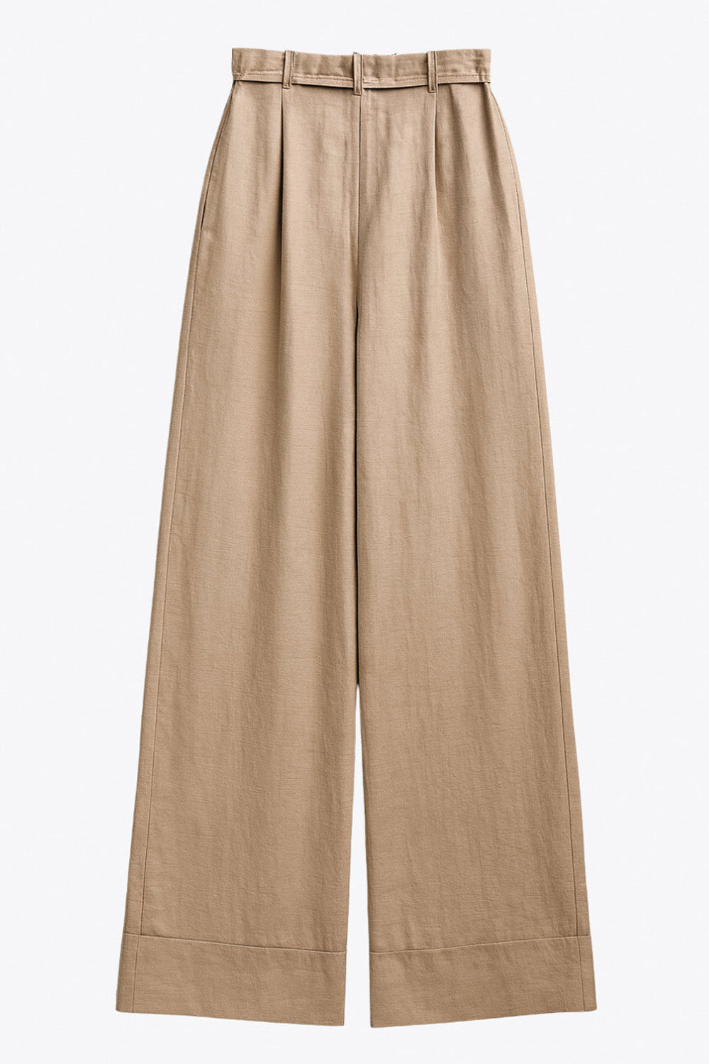 Pantalón de fit wide leg, cintura alta con pretina, trabillas y lazo amarrable, pinzas frontales y bolsillos delanteros. Cierre frontal con broche y cremallera ocultos. Detalle de doblez en bajo.