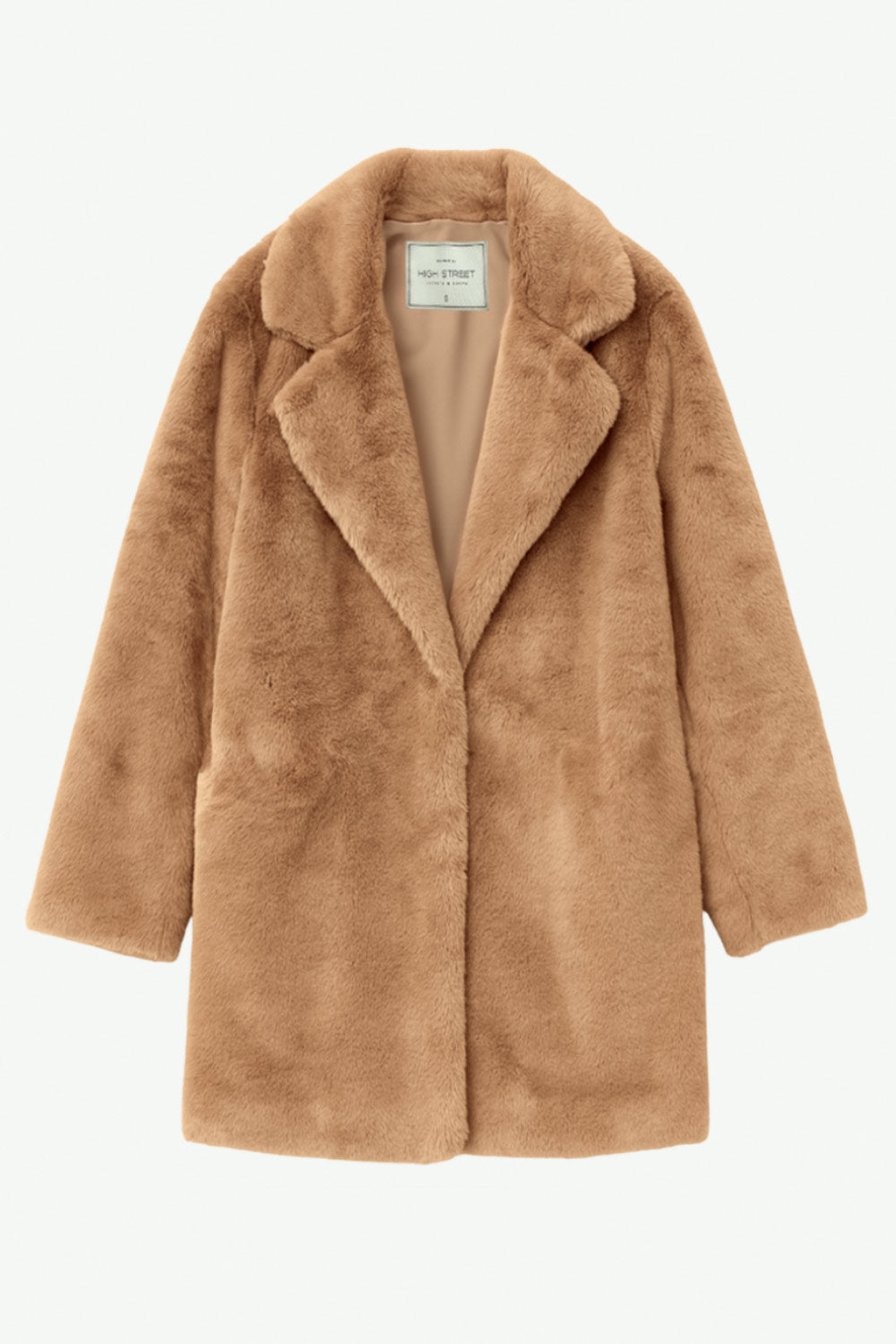 Abrigo largo abierto de fit recto, con solapa, manga larga y bolsillos frontales.