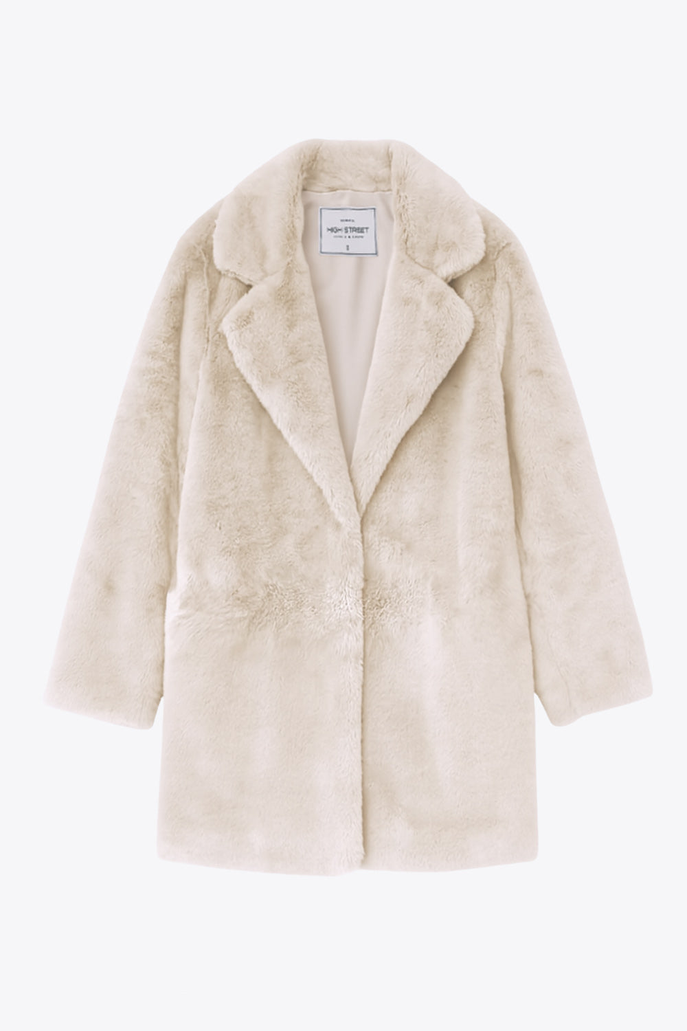 Abrigo largo abierto de fit recto, con solapa, manga larga y bolsillos frontales.