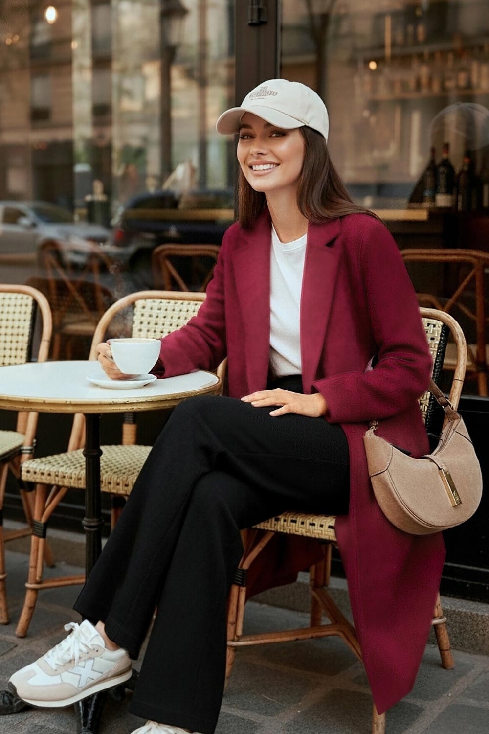 Abrigo abierto de gamuza, fit recto, con solapa, manga larga y bolsillos delanteros ocultos.