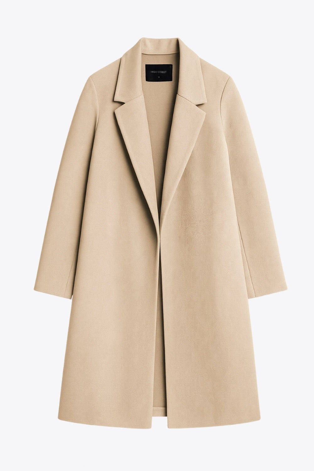 Abrigo abierto de gamuza, fit recto, con solapa, manga larga y bolsillos delanteros ocultos.