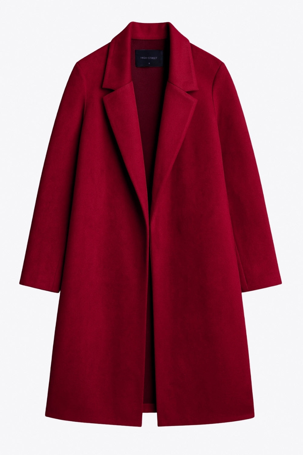 Abrigo abierto de gamuza, fit recto, con solapa, manga larga y bolsillos delanteros ocultos.