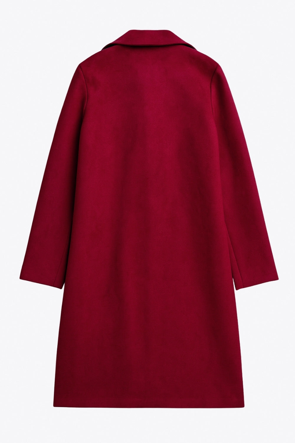 Abrigo abierto de gamuza, fit recto, con solapa, manga larga y bolsillos delanteros ocultos.