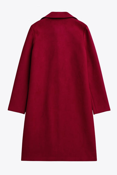 Abrigo abierto de gamuza, fit recto, con solapa, manga larga y bolsillos delanteros ocultos.