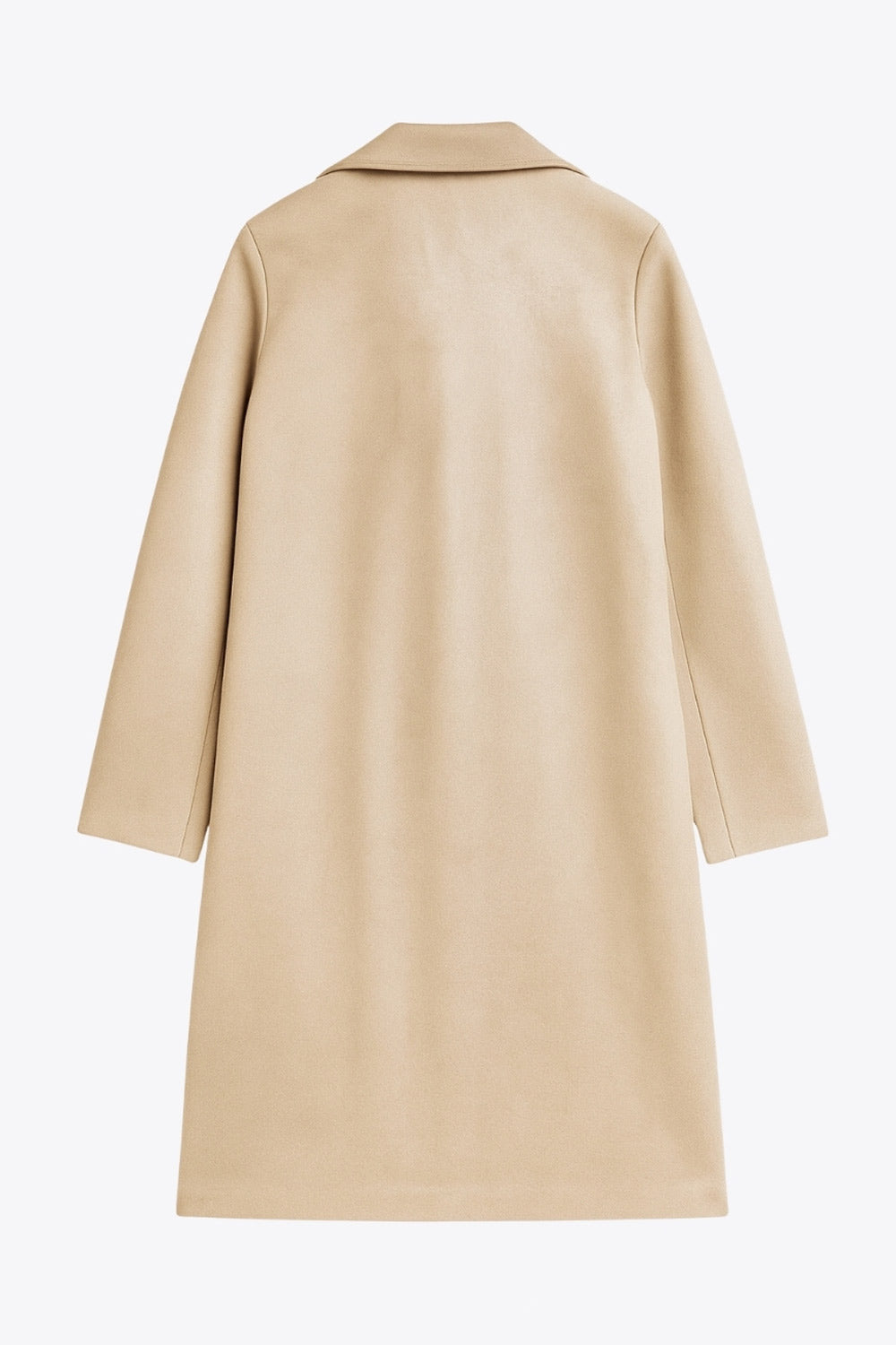 Abrigo abierto de gamuza, fit recto, con solapa, manga larga y bolsillos delanteros ocultos.