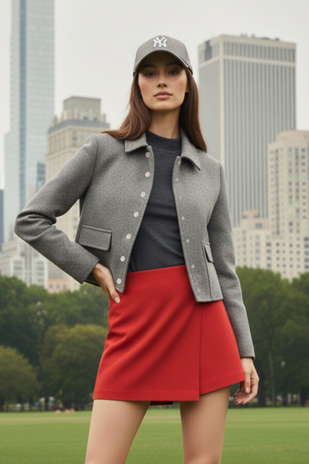 Abrigo corto de fit recto, manga larga, cuello solapa, bolsillos delanteros de parche con cartera y cierre frontal con hilera de botones en contraste.