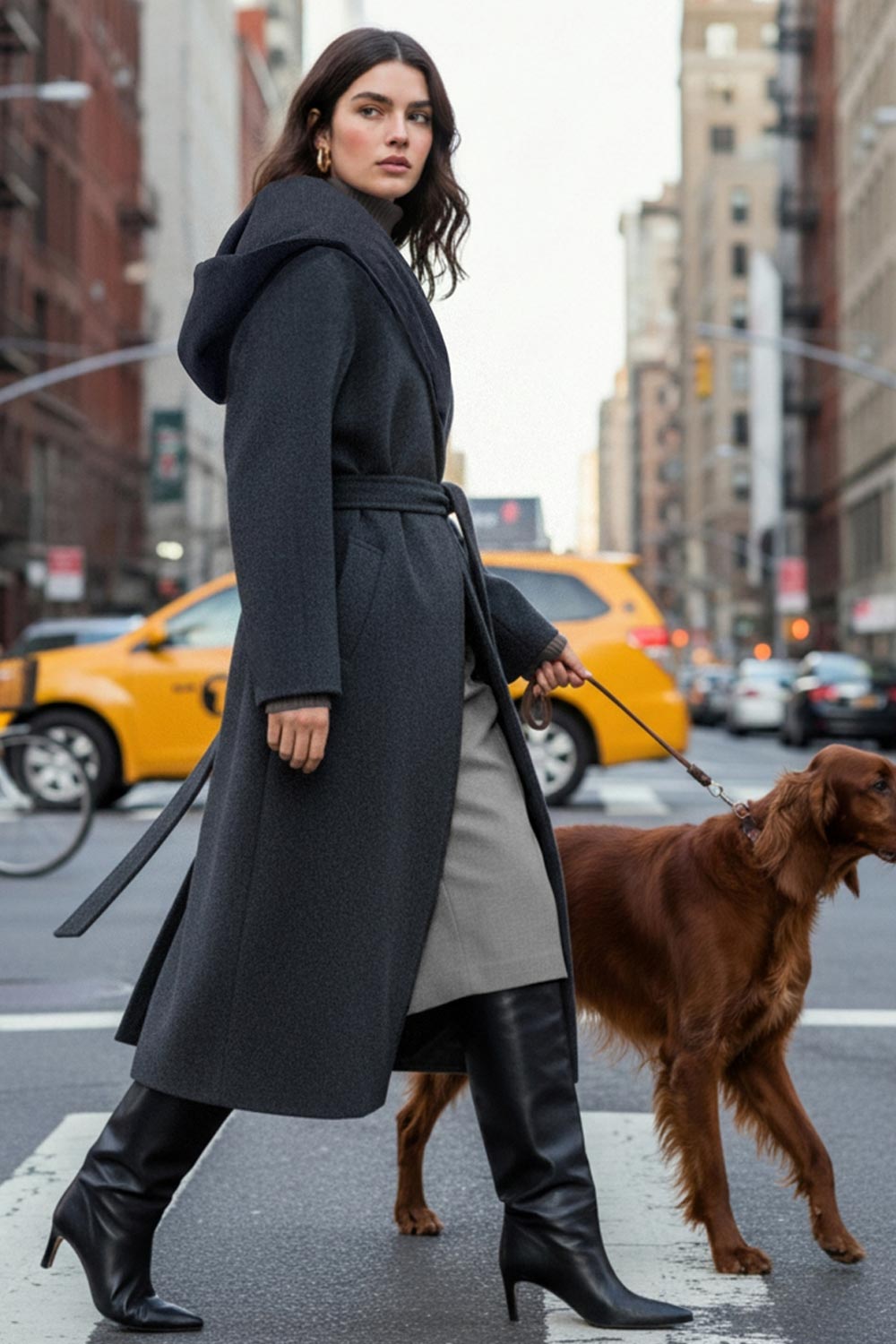 Abrigo largo de fit recto con capucha, manga larga y bolsillos delanteros. Detalle de trabillas y cinturón amarrable del mismo tejido.
