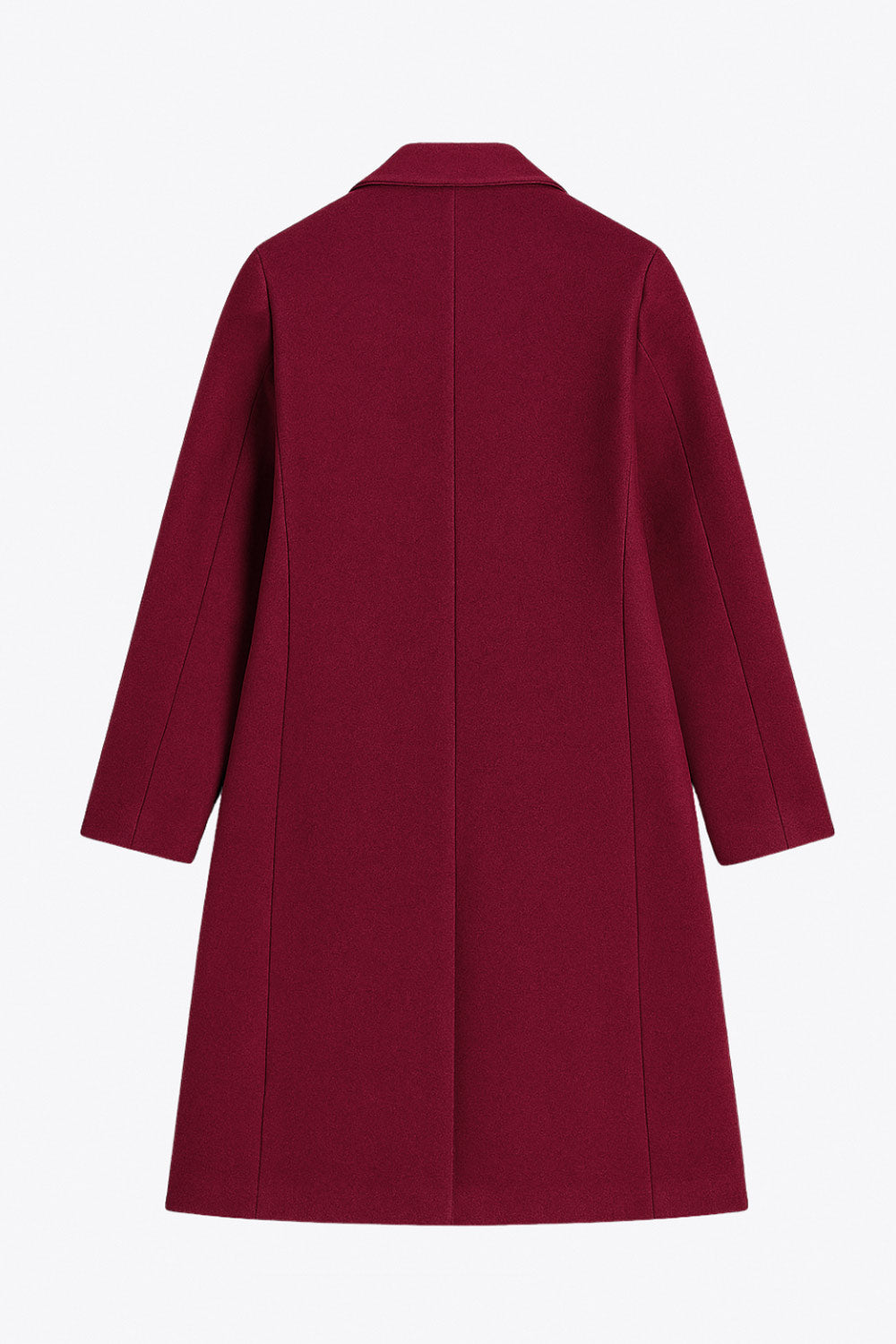 Abrigo largo de fit recto, manga larga, con solapa, bolsillos con vivos delanteros. Cierre frontal con cruce de botones en contraste.