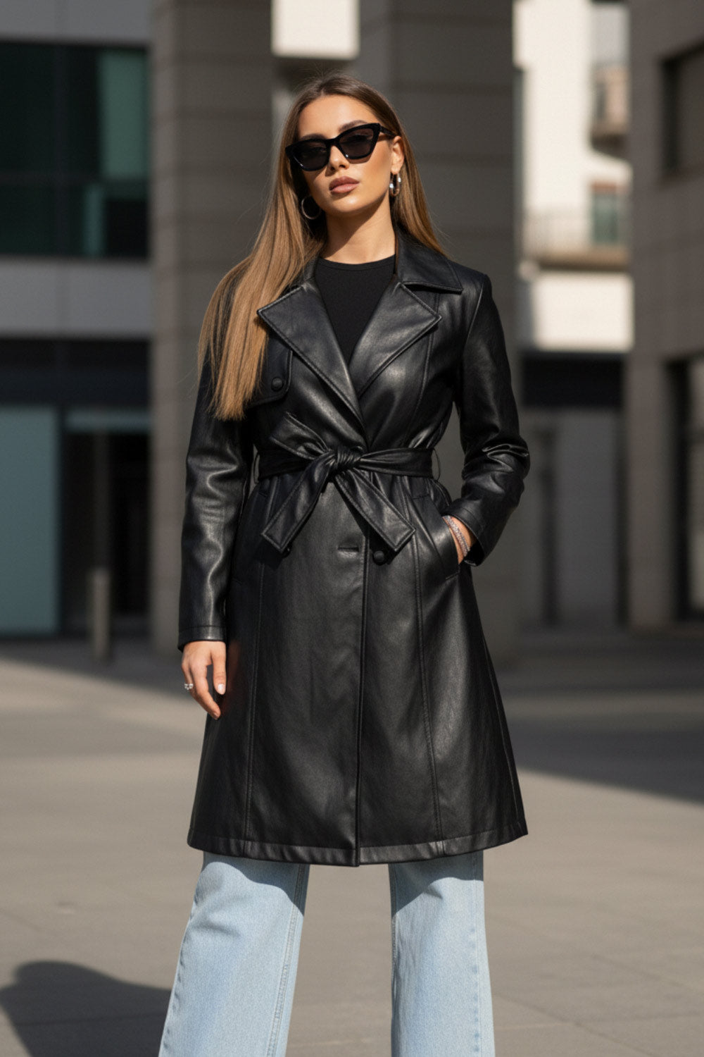 Abrigo trench de efecto piel, fit recto, con solapa, bolsillos delanteros con vivos, detalle de bata delantera y manga larga. Trabillas, cinturón amarrable del mismo tejido y cierre frontal con doble cruce de botón.