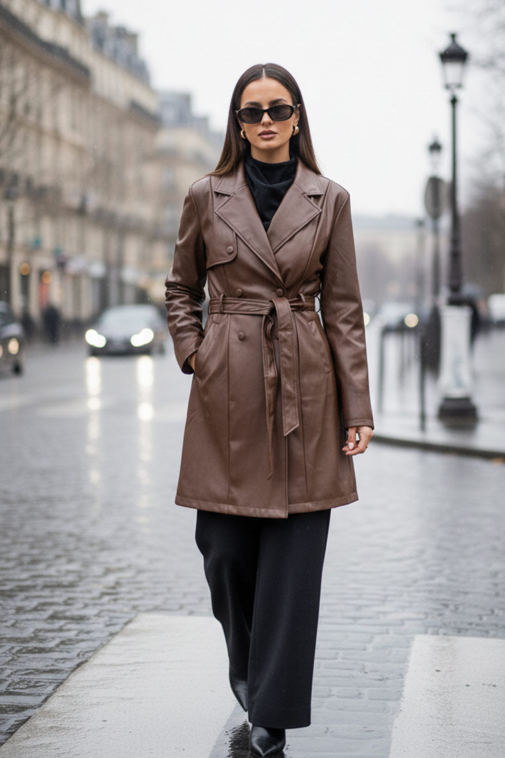 Abrigo trench de efecto piel, fit recto, con solapa, bolsillos delanteros con vivos, detalle de bata delantera y manga larga. Trabillas, cinturón amarrable del mismo tejido y cierre frontal con doble cruce de botón.