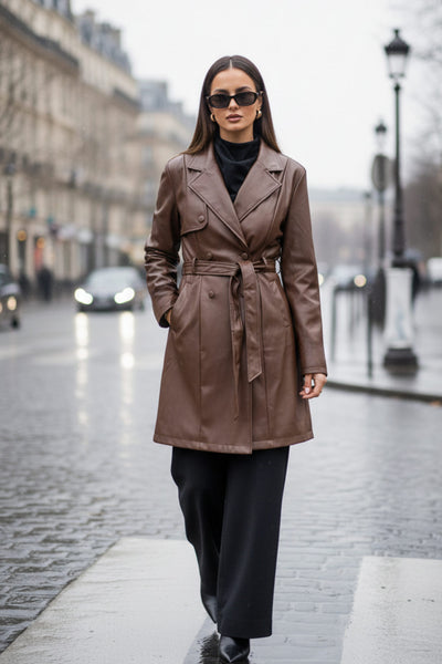 Abrigo trench de efecto piel, fit recto, con solapa, bolsillos delanteros con vivos, detalle de bata delantera y manga larga. Trabillas, cinturón amarrable del mismo tejido y cierre frontal con doble cruce de botón.