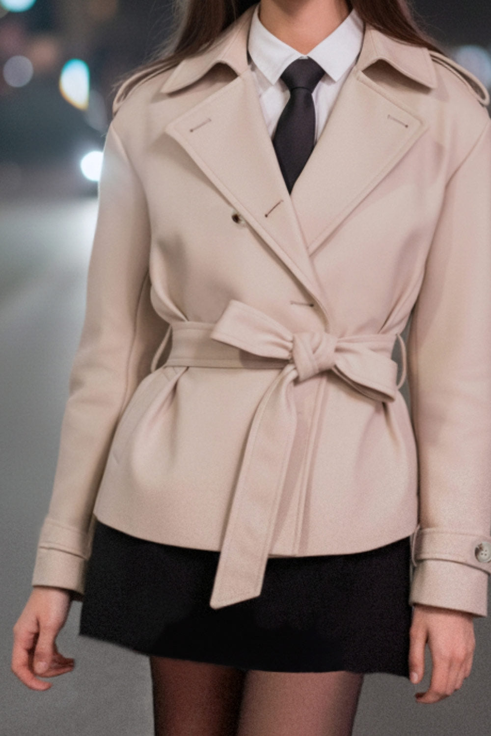 Abrigo trench corto de fit recto, cuello solapa, manga larga, trabillas con botón en puños y hombros. Bolsillos delanteros con vivos, trabillas y cinturón amarrable del mismo tejido. Cierre frontal con doble cruce de botones en contraste.