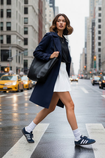 Abrigo trench corto de fit recto, con cuello solapa, bolsillos delanteros con vivos, detalle de bata trasera y manga larga. Trabillas, cinturón amarrable del mismo tejido y cierre frontal con doble cruce de botones en contraste. Detalle de trabilla y botón en hombros, bata trasera, cuello y puños.