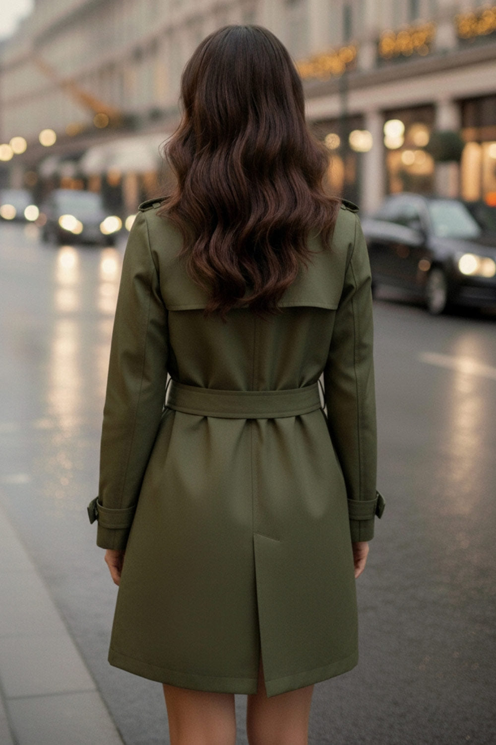 Abrigo trench corto de fit recto, con cuello solapa, bolsillos delanteros con vivos, detalle de bata trasera y manga larga. Trabillas, cinturón amarrable del mismo tejido y cierre frontal con doble cruce de botones en contraste. Detalle de trabilla y botón en hombros, bata trasera, cuello y puños.