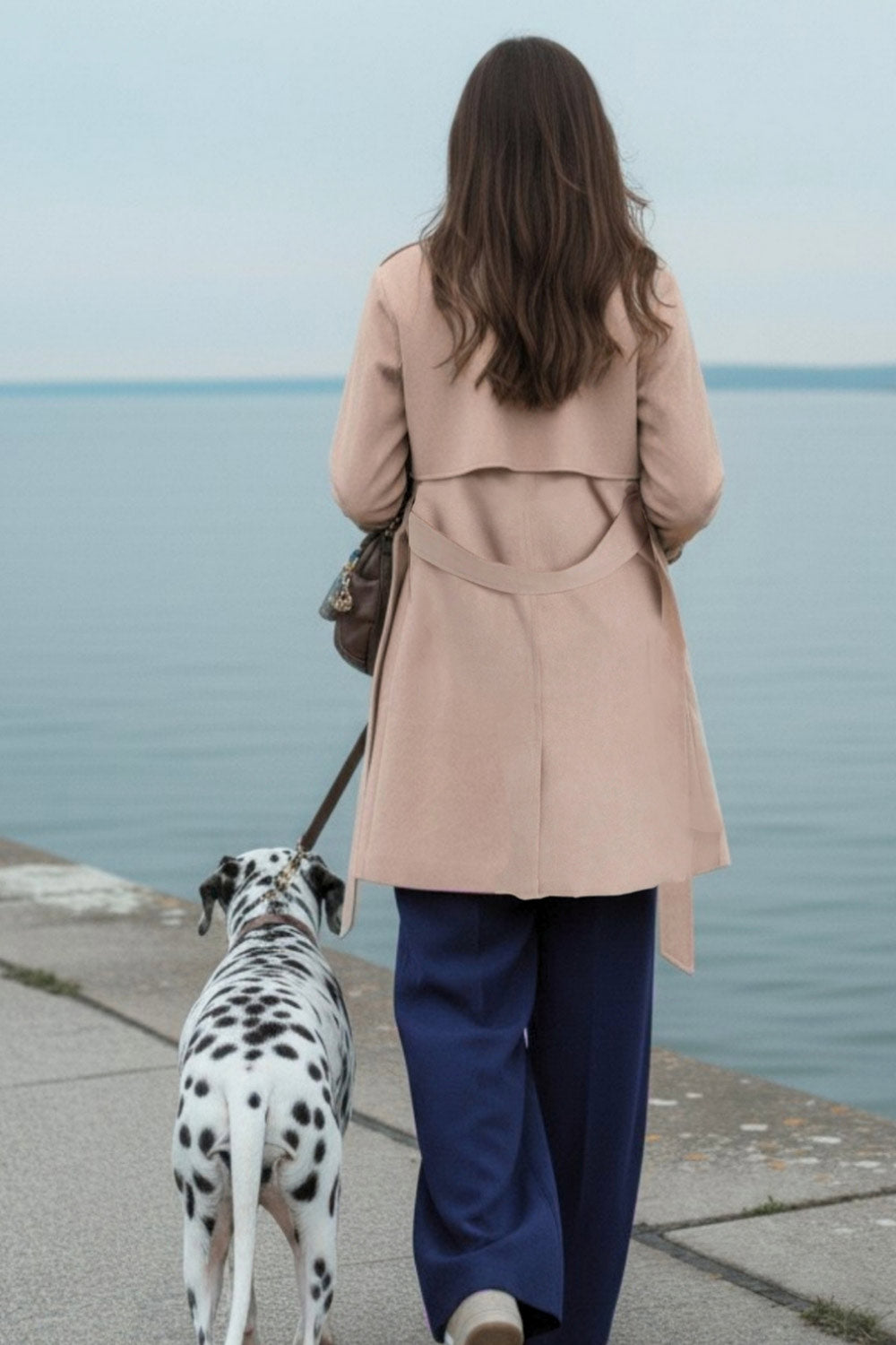 Abrigo trench corto de fit recto, con solapa, bolsillos delanteros con vivos, detalle de bata frontal con botón decorativo y trasera. Manga larga con trabilla en puños, cinturón amarrable del mismo tejido y cierre frontal con doble cruce de botones en contraste.