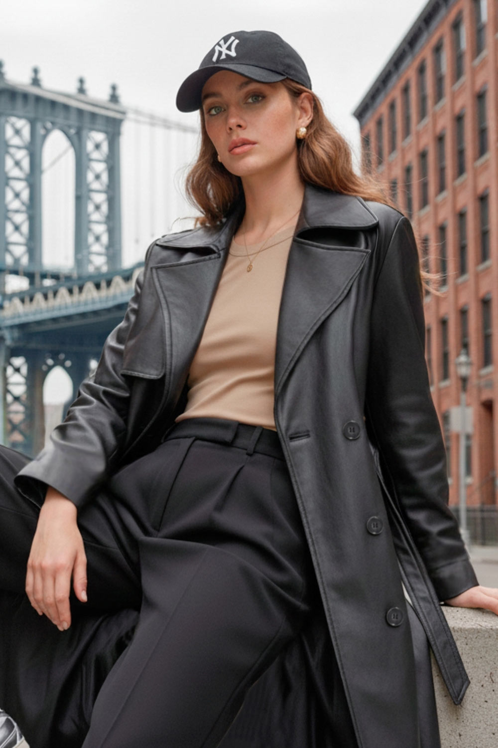 Abrigo trench largo de efecto piel, fit recto, manga larga, con solapa y bata en espalda, cortes decorativos frontales, trabillas y cinturón del mismo tejido con hebilla en contraste. Cierre frontal con doble cruce de botones en contraste.