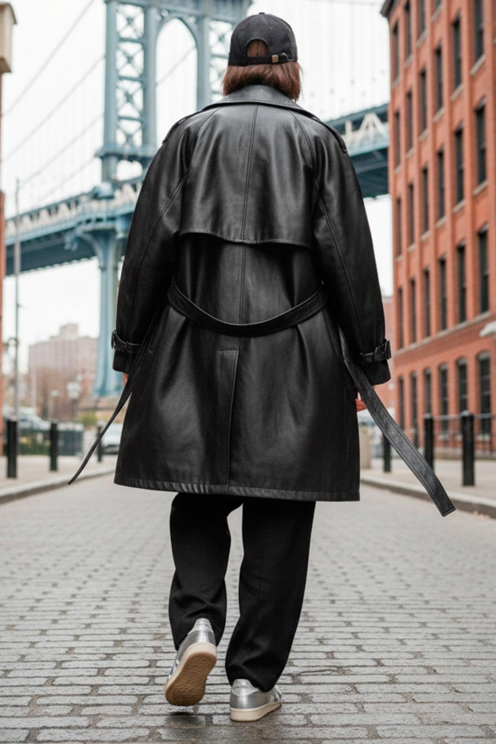 Abrigo trench largo de efecto piel, fit recto, manga larga, con solapa y bata en espalda, cortes decorativos frontales, trabillas y cinturón del mismo tejido con hebilla en contraste. Cierre frontal con doble cruce de botones en contraste.