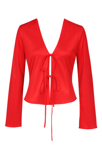 Blusa satinada abierta de fit fluido, escote v, manga larga amplia con abertura en puños y cierre frontal con lazo amarrable.