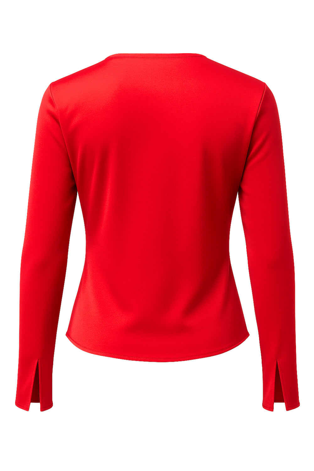 Blusa satinada abierta de fit fluido, escote v, manga larga amplia con abertura en puños y cierre frontal con lazo amarrable.