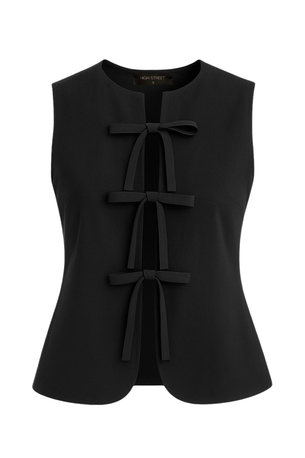 Blusa de fit ajustado, cuello redondo, sin mangas y cierre frontal con lazos amarrables. Detalle de bajo curveado frontal.