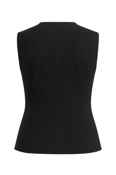 Blusa de fit ajustado, cuello redondo, sin mangas y cierre frontal con lazos amarrables. Detalle de bajo curveado frontal.