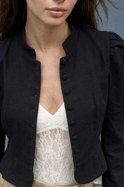 Blusa de fit ajustado, manga larga con hombros abullonados, cuello mao, pinzas frontales, peplum con olanes en bajo y cierre frontal con hilera de botones en contraste.