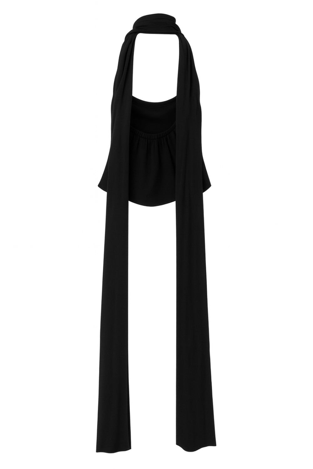 Blusa corta de fit recto, escote fluido, sin mangas, escote en espalda y cuello halter con choker de lazos cruzados.