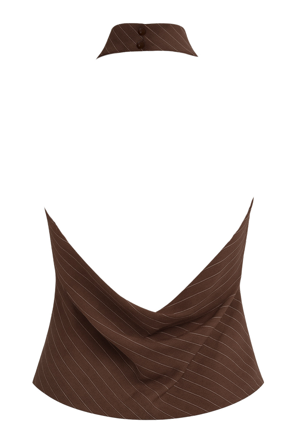 Blusa corta de lino, fit recto, estampado rayas, halter con cuello fluido, sin mangas, escote en espalda, cierre posterior con botón y ojal.