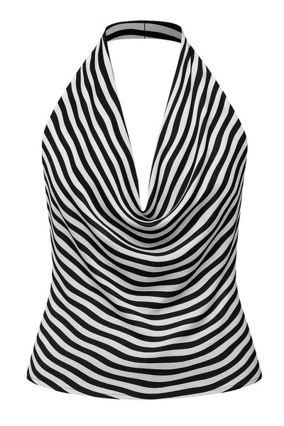 Blusa corta de estampado rayas, cuello halter, escote fluido frontal y en espalda.