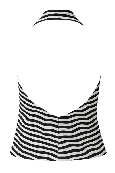 Blusa corta de estampado rayas, cuello halter, escote fluido frontal y en espalda.