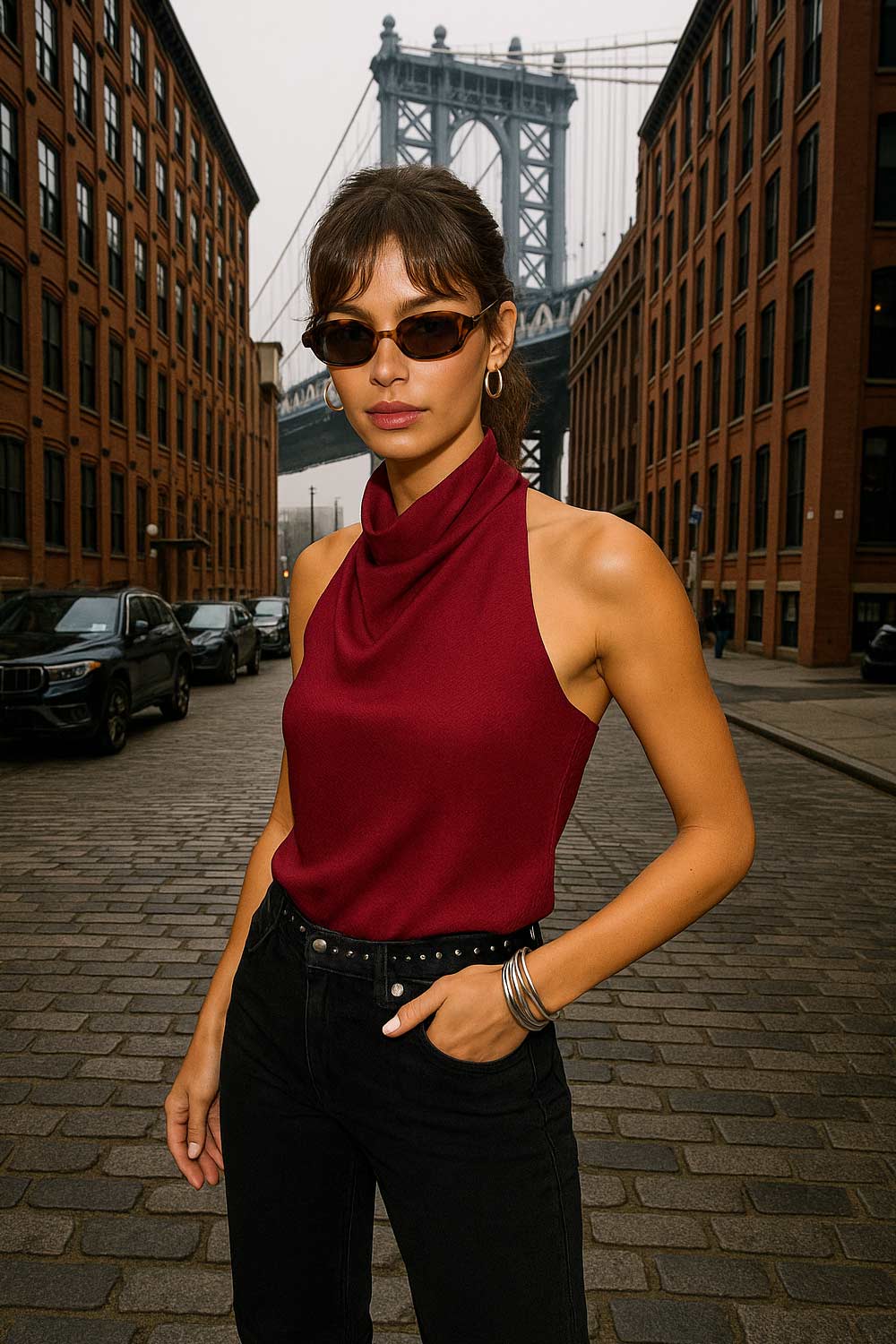 Blusa de cuello halter con escote fluido, sin mangas, escote en espalda, cierre posterior con botón y ojal.