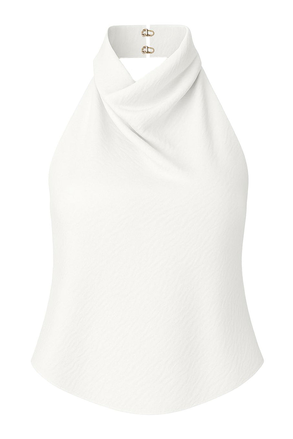 Blusa de cuello halter con escote fluido, sin mangas, escote en espalda, cierre posterior con botón y ojal.