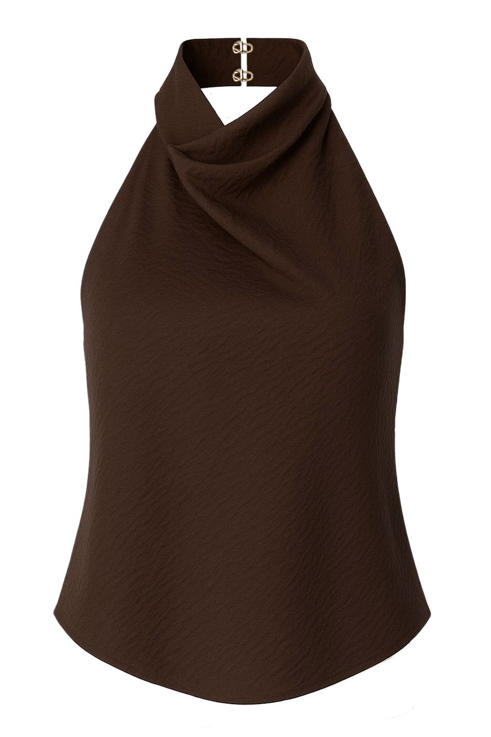 Blusa de cuello halter con escote fluido, sin mangas, escote en espalda, cierre posterior con botón y ojal.